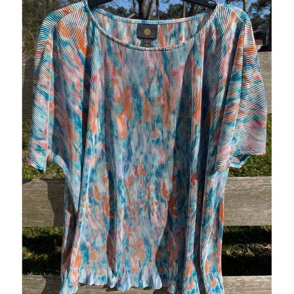 JM Collection Etched Glass Pleated Top Multicolored Short Sleeve Size XL - Picture 1 of 4